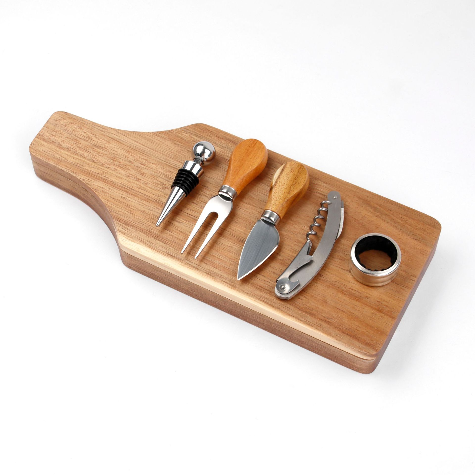 5-in-1 Wine and Cheese Tool Set with Wooden Serving Tray – Corkscrew, Cheese Knives, Wine Stopper & Ring Kit